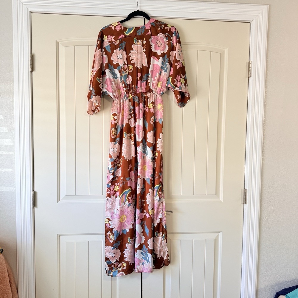 MittoShop maxi dress Small brown Boho Floral  Resort Cover Up Elastic